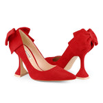 Load image into Gallery viewer, Zzheels Women's Bow High Heels Closed Toe Heels with Bow Chunky Heels Bridal Wedding Shoes Red Suede US8
