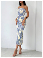 Load image into Gallery viewer, Milumia Women's Summer Strapeless Tube Top Dresses Side Slit Ruched Bodycon Maxi Dress Vacation Blue Multi Medium
