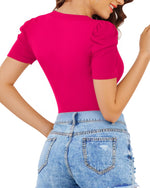 Load image into Gallery viewer, MANGOPOP Women&#39;s Bodysuit Deep V Neck Puff Short Sleeve Slim Fit Body Suits Casual Blouse Tops Elegant
