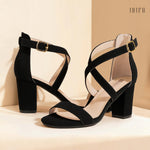 Load image into Gallery viewer, IDIFU Women's IN3 Grace Strappy Block Heels Sandals Comfy Open Toe Chunky Dress Wedding Shoes with Adjustable Cross Strap (Black Nubuck, 9 M US)

