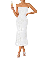 Load image into Gallery viewer, ZESICA Women's Summer Strapless Floral Midi Dress 2026 Bodycon Mesh Tube Wedding Guest Cocktail Party Formal Dresses White Small
