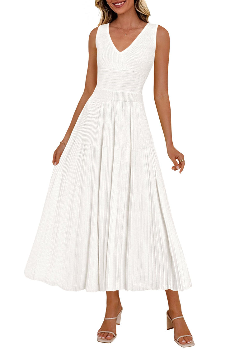 PRETTYGARDEN Summer Dresses for Women 2026 Spring Casual Sleeveless V Neck Pleated Midi Work Cocktail Wedding Guest Dress(White,Medium)
