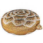 Load image into Gallery viewer, Boutique De FGG Round Flower Clutch Purse Women Rose Crystal Evening Bag Party Floral Rhinestone Clutch Wedding Handbag,Mini,Gold
