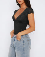 Load image into Gallery viewer, Saslax Women&#39;s Sexy Deep V Neck Short Sleeve Lace Bodysuit Double Lined Body Suit Thong Going Out Tank Tops Black M
