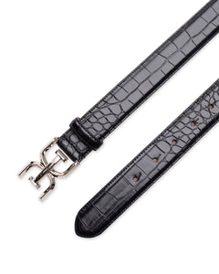 Sam Edelman Women's Double-E Logo Plaque Buckle Textured Jean and Trouser Belt, Black Croc, Medium