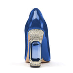Load image into Gallery viewer, JANSEVEN Women Chunky Heels Pumps Royal Blue Crystal Block Heels with Rhinestones 4 Inches Pointed Toe Sexy Patent Leather Slip on Bridal Party Wedding Dress Shoes US Size 7.5
