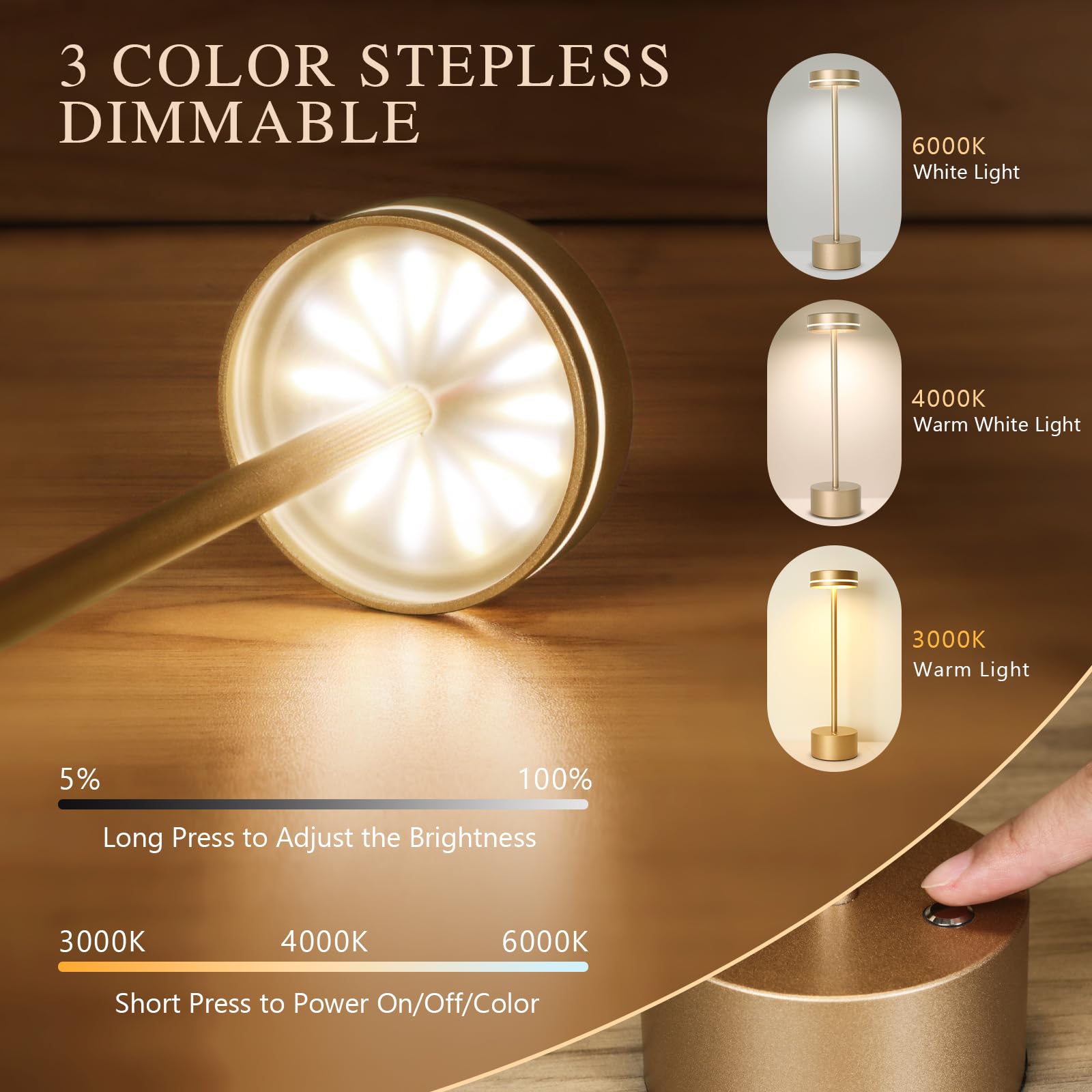 2 Pack Cordless Table Lamp Rechargeable, 3 Way Dimmable Touch Lamp & 5000mAh Long Battery Time, Portable Small Metal Light for Reading/Office/Bedroom/Dining/Nightstand/Desk, Gift for Home Décor – Gold