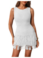 Load image into Gallery viewer, winkbay Women's Fringe Sleeveless Mini Dress Crew Neck Bodycon Knit Party Club Dresses White Medium
