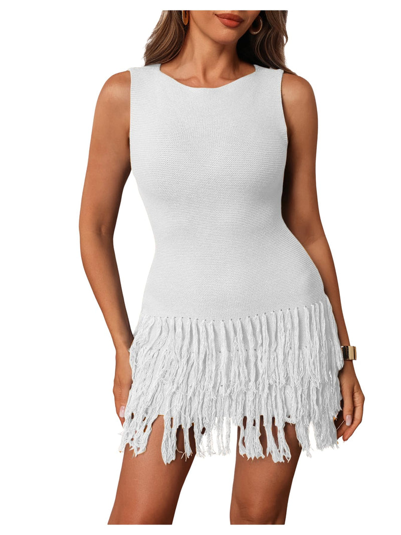 winkbay Women's Fringe Sleeveless Mini Dress Crew Neck Bodycon Knit Party Club Dresses White Medium