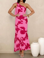 Load image into Gallery viewer, Caracilia Womens Floral One Shoulder Formal Dress Summer Elegant Bodycon Mesh Wedding Guest Cocktail Party Long Maxi Dresses Hot Pink Medium
