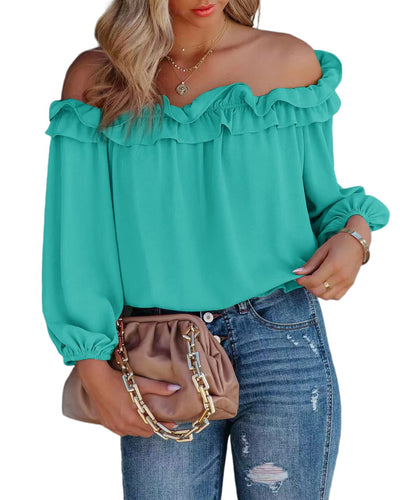 evnanic Women's Fall Shirts for Women Long Sleeve Off The Shoulder Tops for Women Casual Loose Flowy Blouses Clothes Lake Blue S