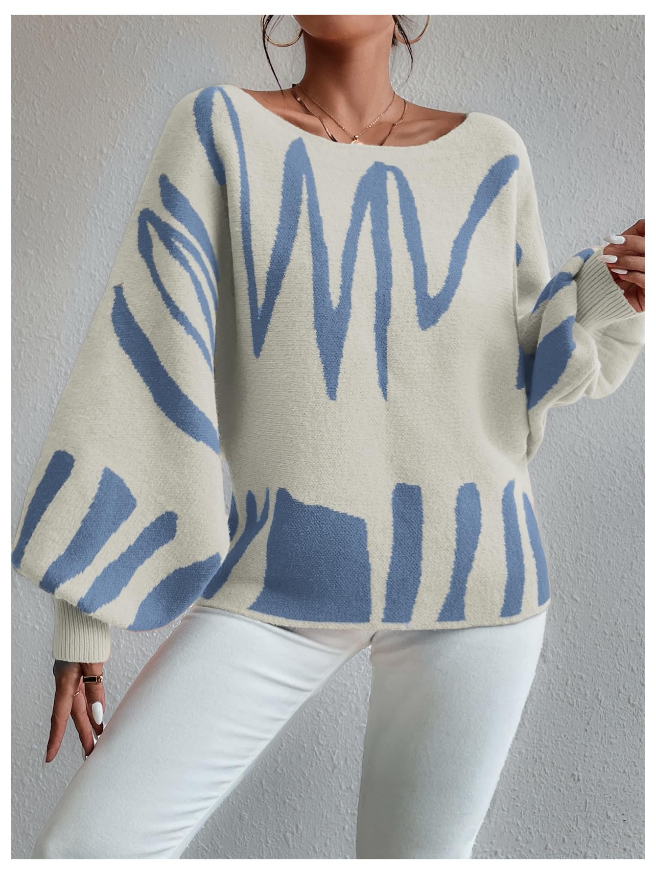 BEAUDRM Women's Lantern Sleeve Sweater Graphic Boat Neck Drop Shoulder Long Sleeve Oversized Pullovers Jumper Top Beige Medium
