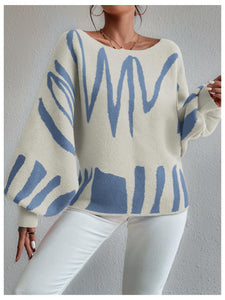 BEAUDRM Women's Lantern Sleeve Sweater Graphic Boat Neck Drop Shoulder Long Sleeve Oversized Pullovers Jumper Top Beige Medium