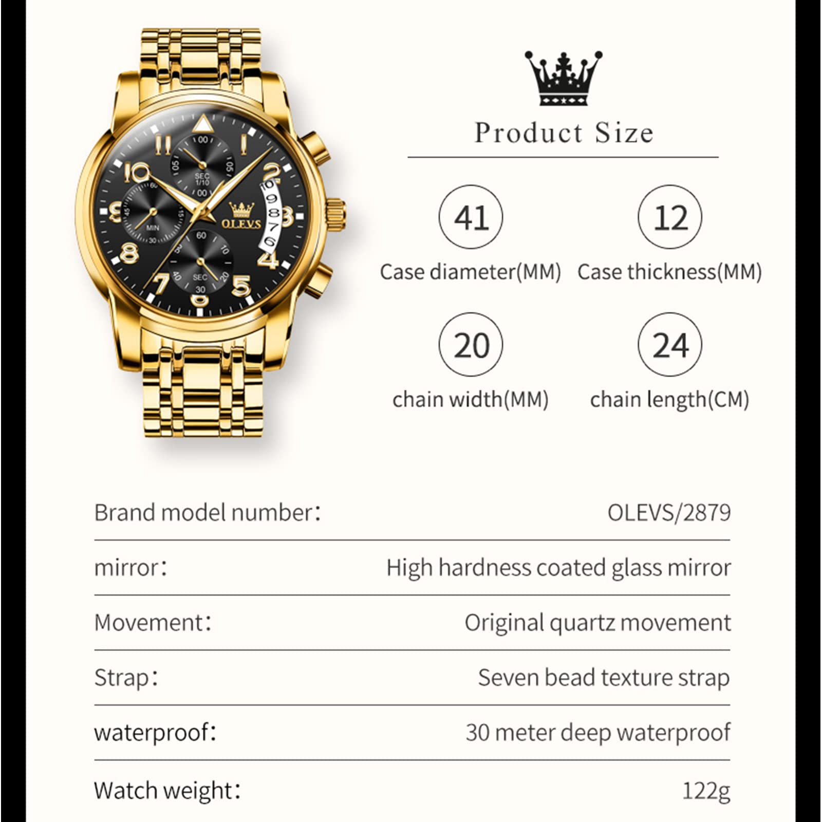 OLEVS Watches for Men,Mens Watches,Mens Gold Watch Big Large Face Black and Gold Waterproof Stainless Steel Dress Chronograph Luxury Water Resistant Fashion Roman Numerals Wrist Watch,Reloj Hombre