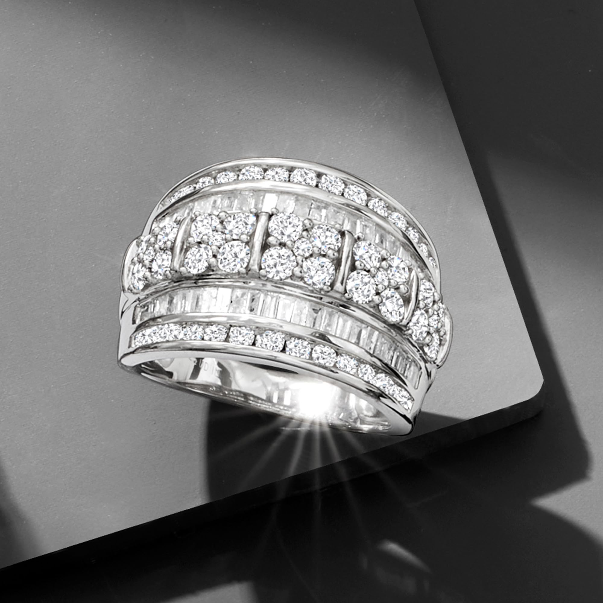 Ross-Simons 2.00 ct. t.w. Baguette and Round Diamond Multi-Row Ring in Sterling Silver. Size 5