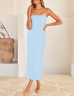 Load image into Gallery viewer, ZESICA Women's 2026 Summer Floral Strapless Bodycon Midi Dress Off Shoulder Tube Beach Wedding Guest Party Long Dresses Blue Small
