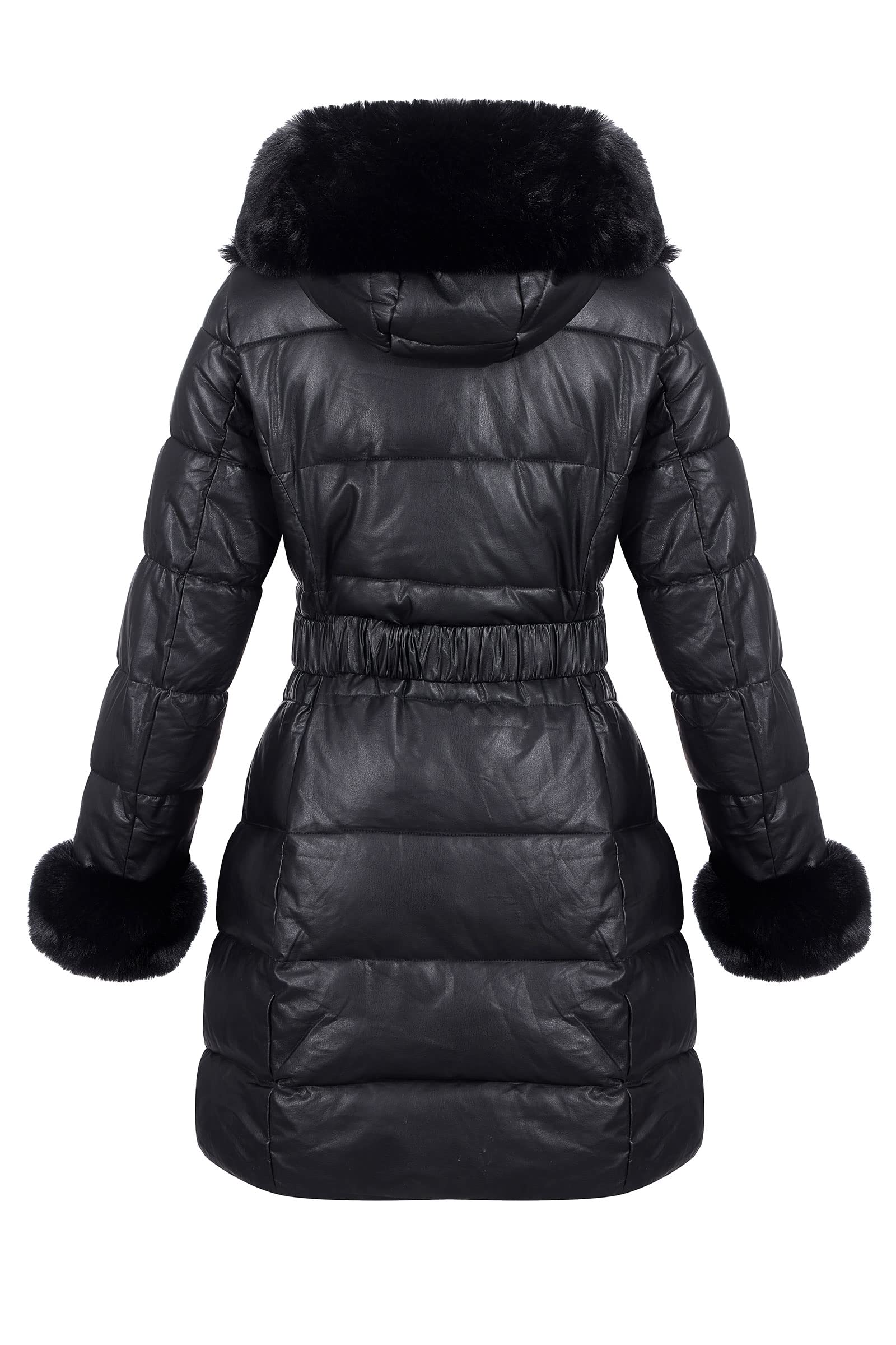 RISISSIDA Puffer Jacket Women Winter Down Faux Fur Lined Puffy Coat with Long Collar Hood, Thicken Quilted Warm Leather Bubble Overcoat Black M