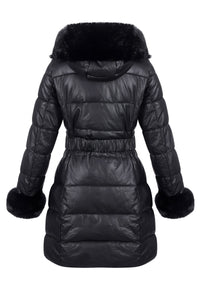 RISISSIDA Puffer Jacket Women Winter Down Faux Fur Lined Puffy Coat with Long Collar Hood, Thicken Quilted Warm Leather Bubble Overcoat Black M