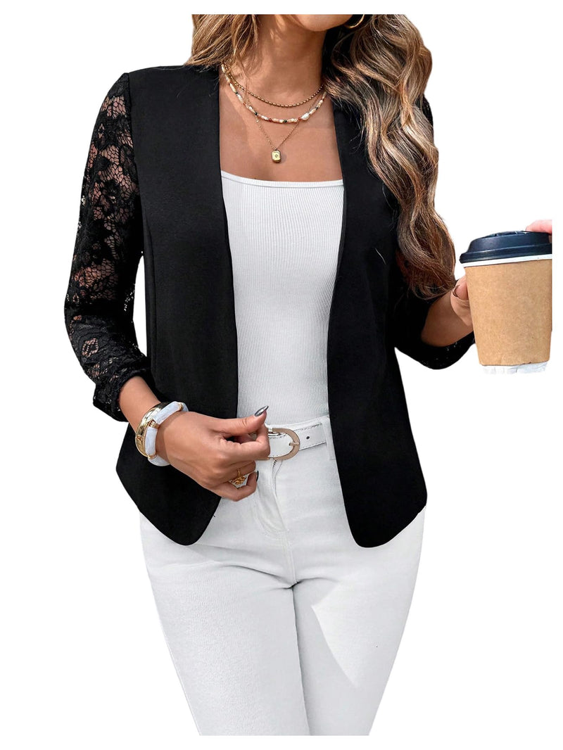 SweatyRocks Women's Polka Dots Lightweight 3/4 Sleeve Jackets Open Front Long Sleeve Elegant Jacket Outwear Black Lace X-Large