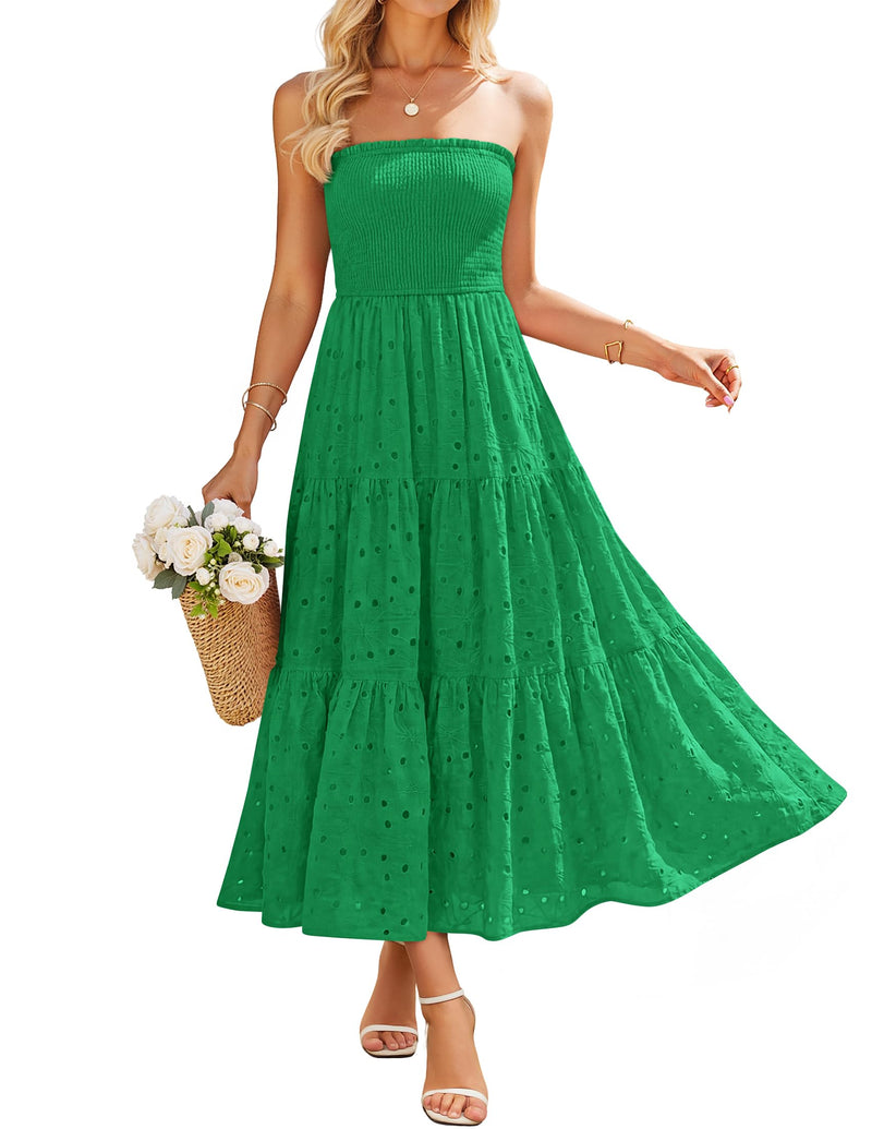 ZESICA Womens 2026 Summer Boho Strapless Midi Dresses Off Shoulder Smocked Eyelet Wedding Guest Beach Long Dress Pockets Green Small