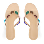 Load image into Gallery viewer, MAIJED Jeweled Flip Flop Kitten Heels for Women Open Toe Beaded Strappy High Heels Sandals Slip On Thong Heeled Mules Mid Heel Fashion Party Dress Shoes Nude US7

