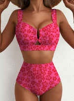 Load image into Gallery viewer, Herseas Women's U Wire Cutout Two Piece Bikini Sets Floral Print High Waisted Tummy Control Swimsuits Push Up Adjustable Wide Straps Bathing Suits Casual Resort Outfits Fuchsia Floral X-Large

