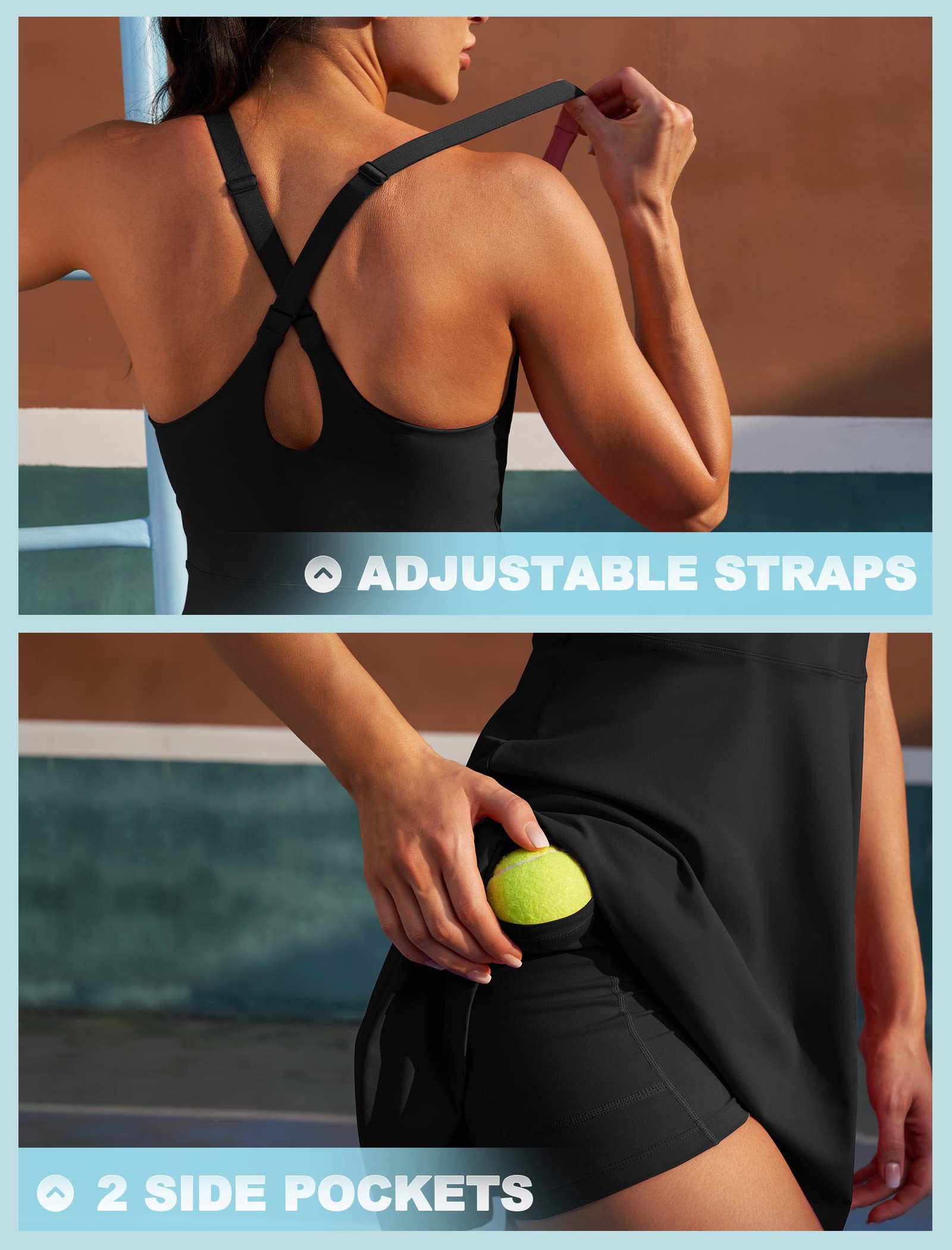 IUGA Womens Tennis Dress Built in Shorts & Bra Adjustable Straps Exercise Workout Dress with Pockets Golf Athletic Dresses Black