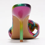 Load image into Gallery viewer, Cape Robbin Women&#39;s Stiletto Heels - Slip-On Sandals with Rhinestone-Embellished Knot &amp; Open Toe (Flynn) - Rainbow Pink Green Yellow Multicolored Size 7
