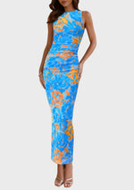 Load image into Gallery viewer, PRETTYGARDEN Wedding Guest Dresses for Women 2025 Summer Spring Floral Bodycon Sleeveless Mesh Maxi Long Dress(Floral Blue,Medium)
