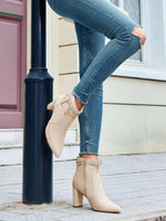 Load image into Gallery viewer, Coutgo Womens Pointed Toe Ankle Boots Chunky Block Heel Tie Knot Side Zipper Dressy Booties, Beige, Size 7.5
