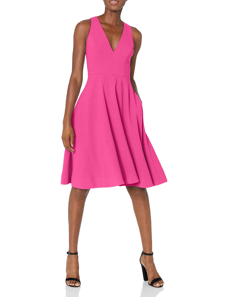 Dress the Population womens Catalina Solid Sleeveless Fit & Flare Midi Dress, Bright Fuchsia, X-Small US