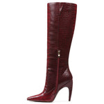 Load image into Gallery viewer, femflame Red Knee High Boots for Women Wide Calf Long Boots Crocodile Square Toe Side ZIpper Stiletto Heel Tall Boots
