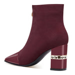 Load image into Gallery viewer, XINIUNIU Ankle Boots for Women Burgundy Booties Block Chunky Heeled Metal Square Toe Suede Front Zipper 3 Inch Dressy Short Boot Size 7.5
