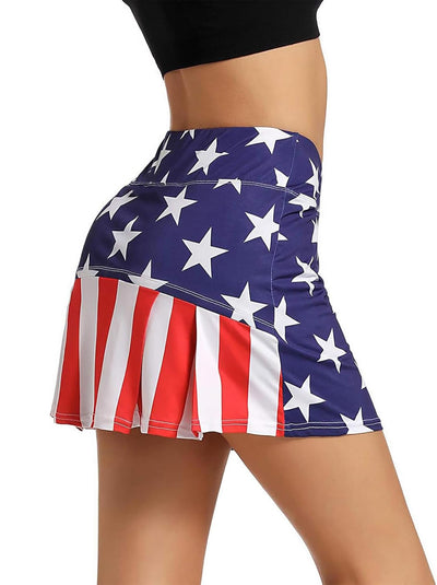Pleated Tennis Skirt Golf Skort for Women with Pockets Shorts Athletic Workout Running Skirt Ruffle on Back (USA Flag, Medium)
