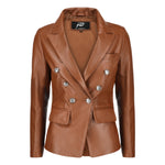 Load image into Gallery viewer, Jild Double Breasted Fancy Buttons Lambskin Leather Blazer Women - Kim Kardashian Long Sleeve Coat Style Leather Jacket Women (FC-Cognac-M)
