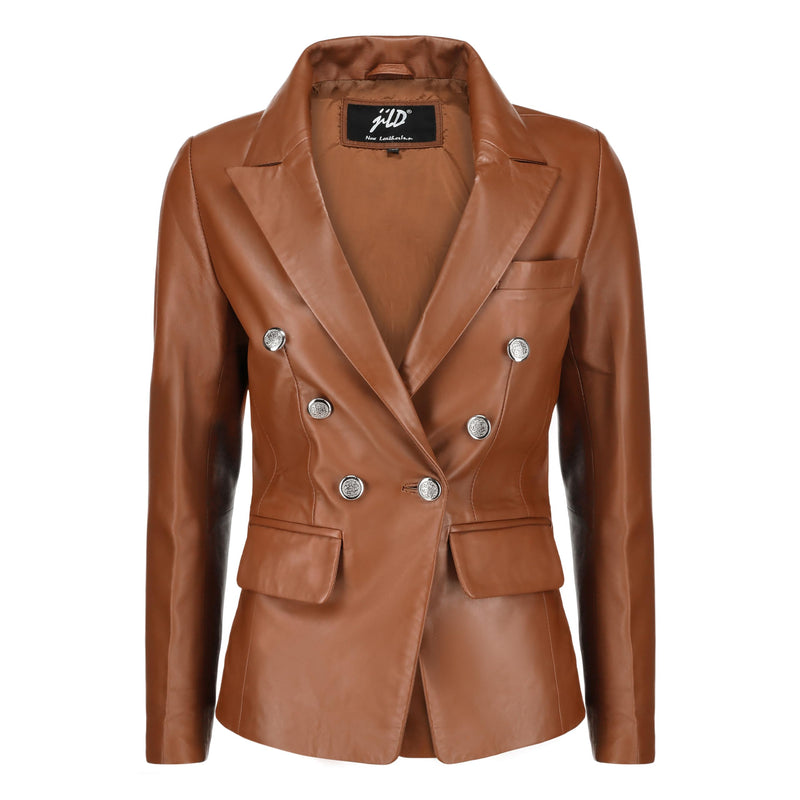 Jild Double Breasted Fancy Buttons Lambskin Leather Blazer Women - Kim Kardashian Long Sleeve Coat Style Leather Jacket Women (FC-Cognac-M)