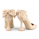 Load image into Gallery viewer, Zzheels Women's Bow High Heels Closed Toe Heels with Bow Chunky Heels Bridal Wedding Shoes Beige Suede US7.5
