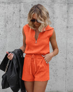 Load image into Gallery viewer, Yousify Women's Casual Sleeveless Short Rompers Summer Half Zip Lapel Collar Drawstring Knit One Piece Jumpsuit
