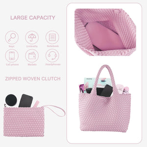 SporGenius Woven Tote Bag for Women, Vegan Leather Handwoven Bags with Small Handmade Purse, Large Travel Braided Top Handle Handbags (Pink)