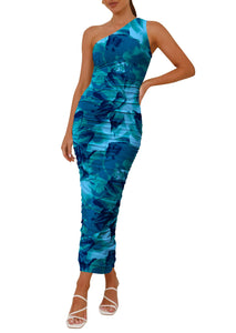 PRETTYGARDEN Women's One Shoulder Bodycon Dresses Summer 2025 Ruched Floral Beach Cocktail Wedding Guest Dress(Lake Blue Floral,Large)