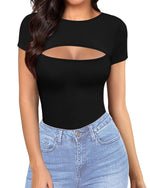 Load image into Gallery viewer, MANGOPOP Women&#39;s Cutout Front T Shirt Short Sleeve Bodysuit Jumpsuits (Short Sleeve Black, XX-Large)
