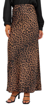 Load image into Gallery viewer, Islis Women&#39;s Slik Satin Leopard High Waist Wrap Elastic Waisted Maxi Long Skirt (US, Alpha, Large, Regular, Regular, Brown)
