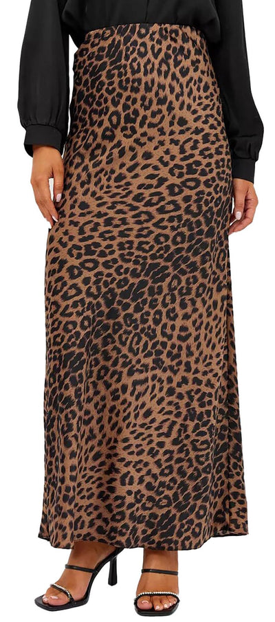 Islis Women's Slik Satin Leopard High Waist Wrap Elastic Waisted Maxi Long Skirt (US, Alpha, Large, Regular, Regular, Brown)