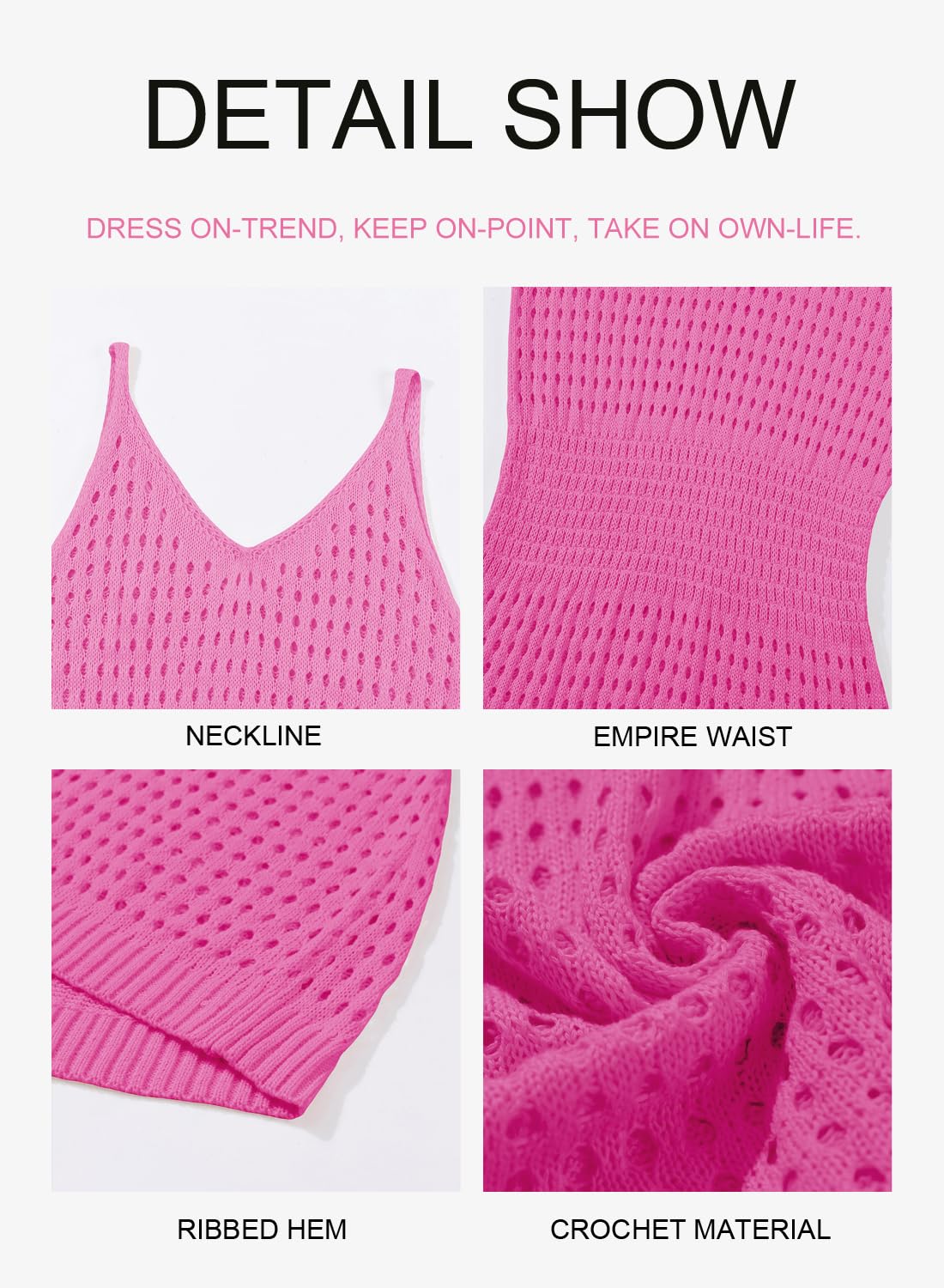 Dokotoo Bathing Suit Cover Ups for Women 2025 Summer Fashion Scoop Neck Sleeveless Spaghetti Straps Waist Crochet Hollow Out Knit Sexy Short Bikini Beach Dress Essentials Hot Pink Medium