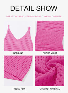 Dokotoo Bathing Suit Cover Ups for Women 2025 Summer Fashion Scoop Neck Sleeveless Spaghetti Straps Waist Crochet Hollow Out Knit Sexy Short Bikini Beach Dress Essentials Hot Pink Medium