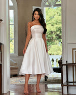 Load image into Gallery viewer, QZLDHG Satin Prom Dresses Tea Length Ball Gown Ruched Strapless Formal Evening Party Dress Blush Pink Size 6
