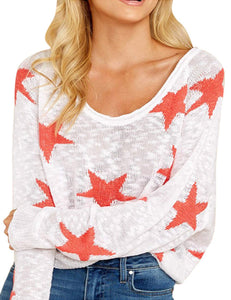 xxxiticat Women's Casual Star Tank Tops Long Sleeve Off The Shoulder Knitted Tunic Tops Boat Neck Pullover Sweater Jumpers(LWH,S)