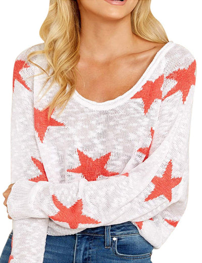 xxxiticat Women's Casual Star Tank Tops Long Sleeve Off The Shoulder Knitted Tunic Tops Boat Neck Pullover Sweater Jumpers(LWH,S)