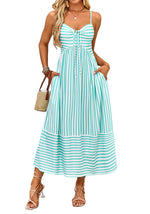 Load image into Gallery viewer, Fashionme Summer Maxi Dresses for Women 2026 Striped Vacation Beach Long Sundresses A Line Casual Flowy Boho Spaghetti Strap Backless V Neck Sleeveless with Pockets

