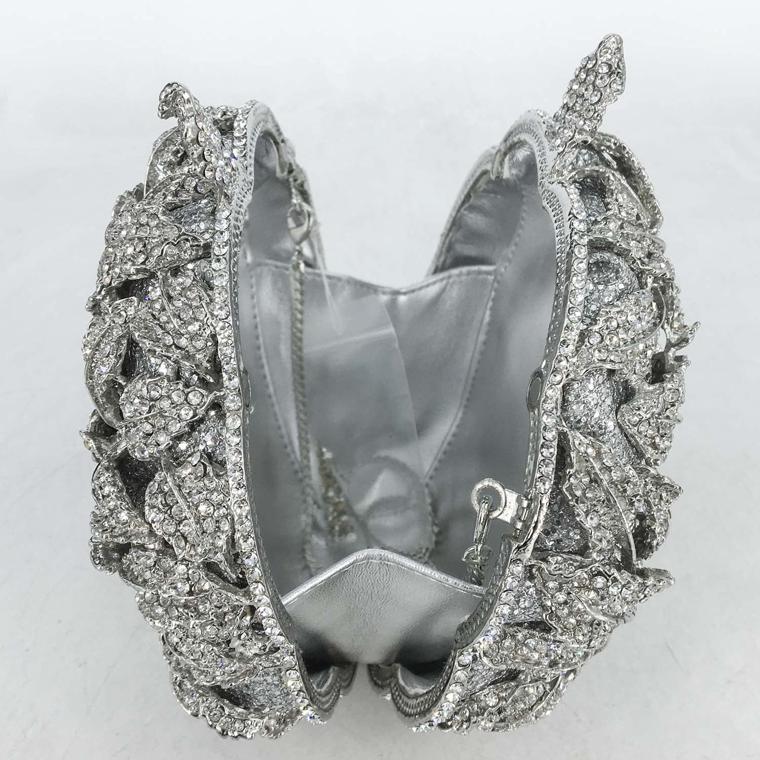 Boutique De FGG Round Rose Flower Crystal Clutch Purses for Women Formal Evening Bags Wedding Clutch Bag Party Handbags,Mini,Silver